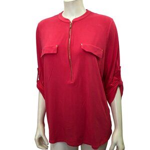 Calvin Klein rolled‎ sleeve half front zip blouse Lg